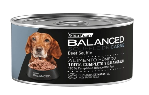 Alimento H&uacute;medo Vitalcan Balanced Souffl&eacute; Perro Senior Sabor Carne Lata x 85gr