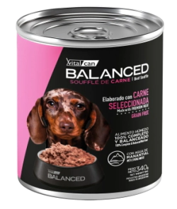 Alimento H&uacute;medo Vitalcan Balanced Souffl&eacute; Perro Cachorro Sabor Carne Lata x 340gr