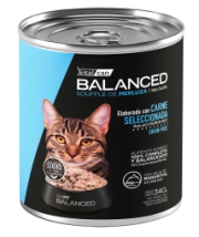 Alimento H&uacute;medo Vitalcan Balanced Souffl&eacute; Gato Adulto Sabor Merluza Lata x 340gr