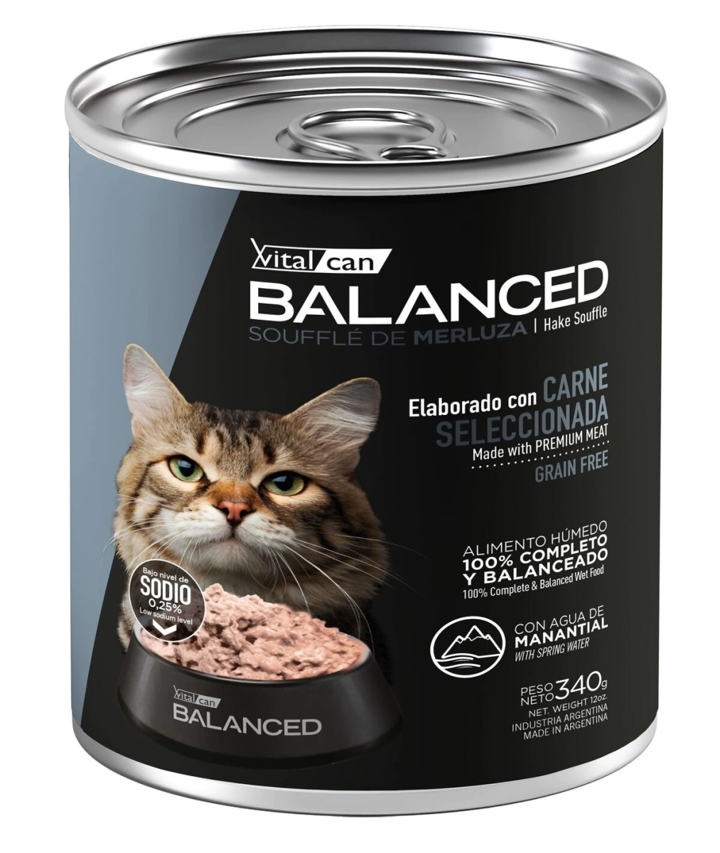 Alimento H�medo Vitalcan Balanced Souffl� Gato Senior Sabor Merluza Lata x 340gr