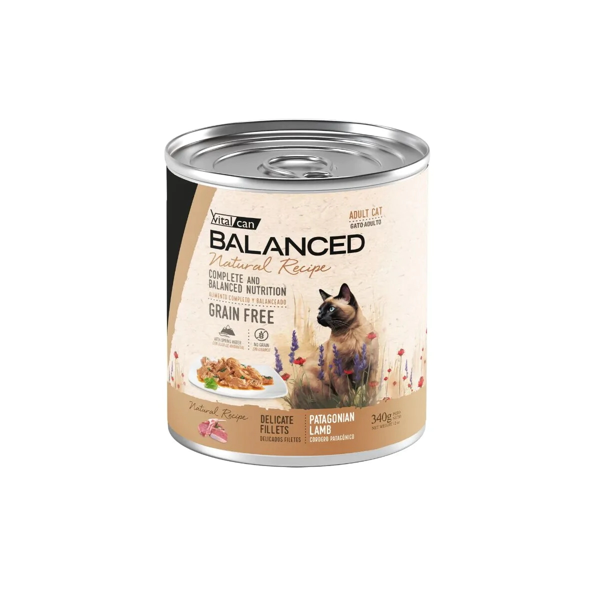 Alimento H�medo Vitalcan Balanced Natural Recipe Gato Adulto Delicados Filetes de Cordero Lata x 340gr.