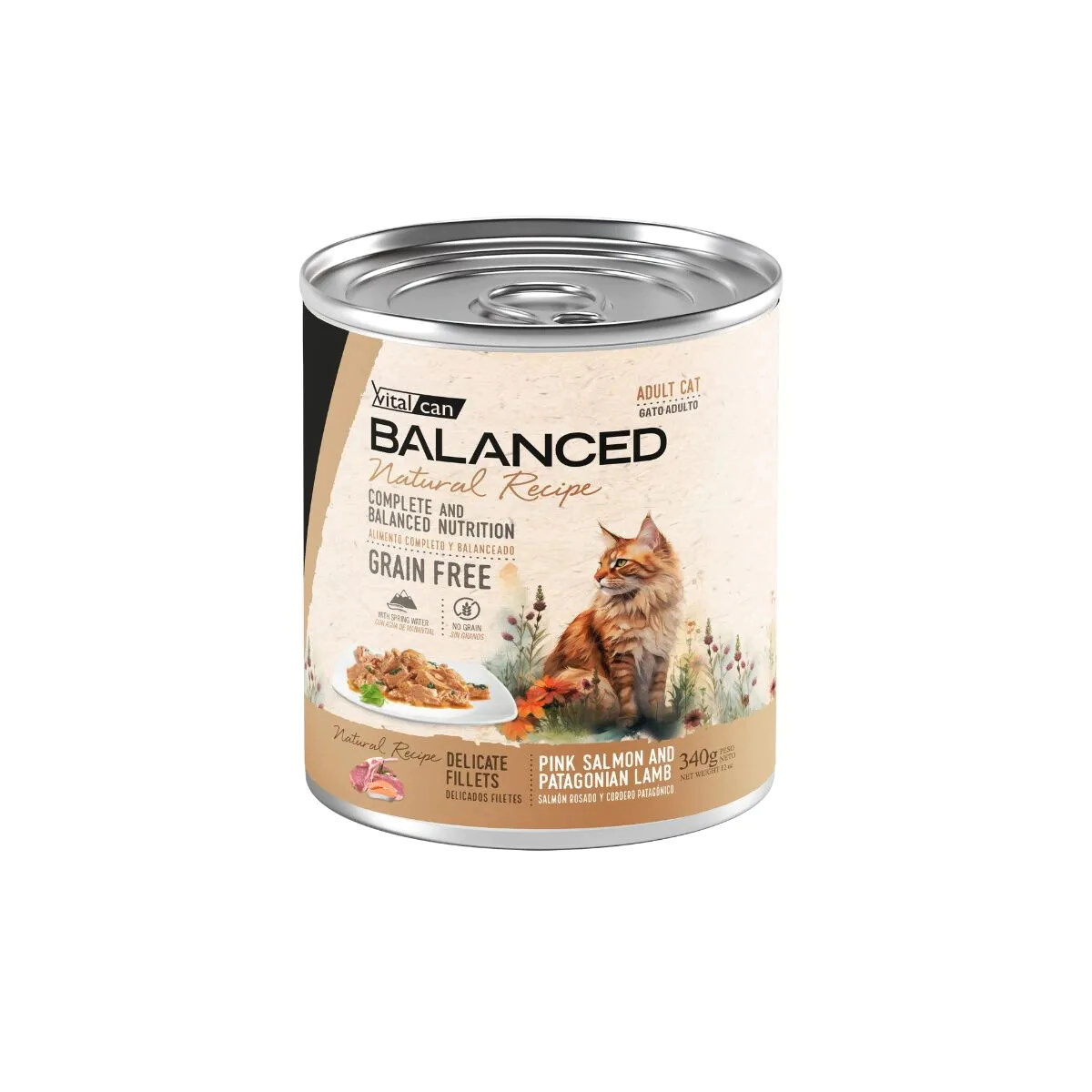 Alimento H�medo Vitalcan Balanced Natural Recipe Gato Adulto Delicados Filetes de Salm�n y Cordero Lata x 340gr.