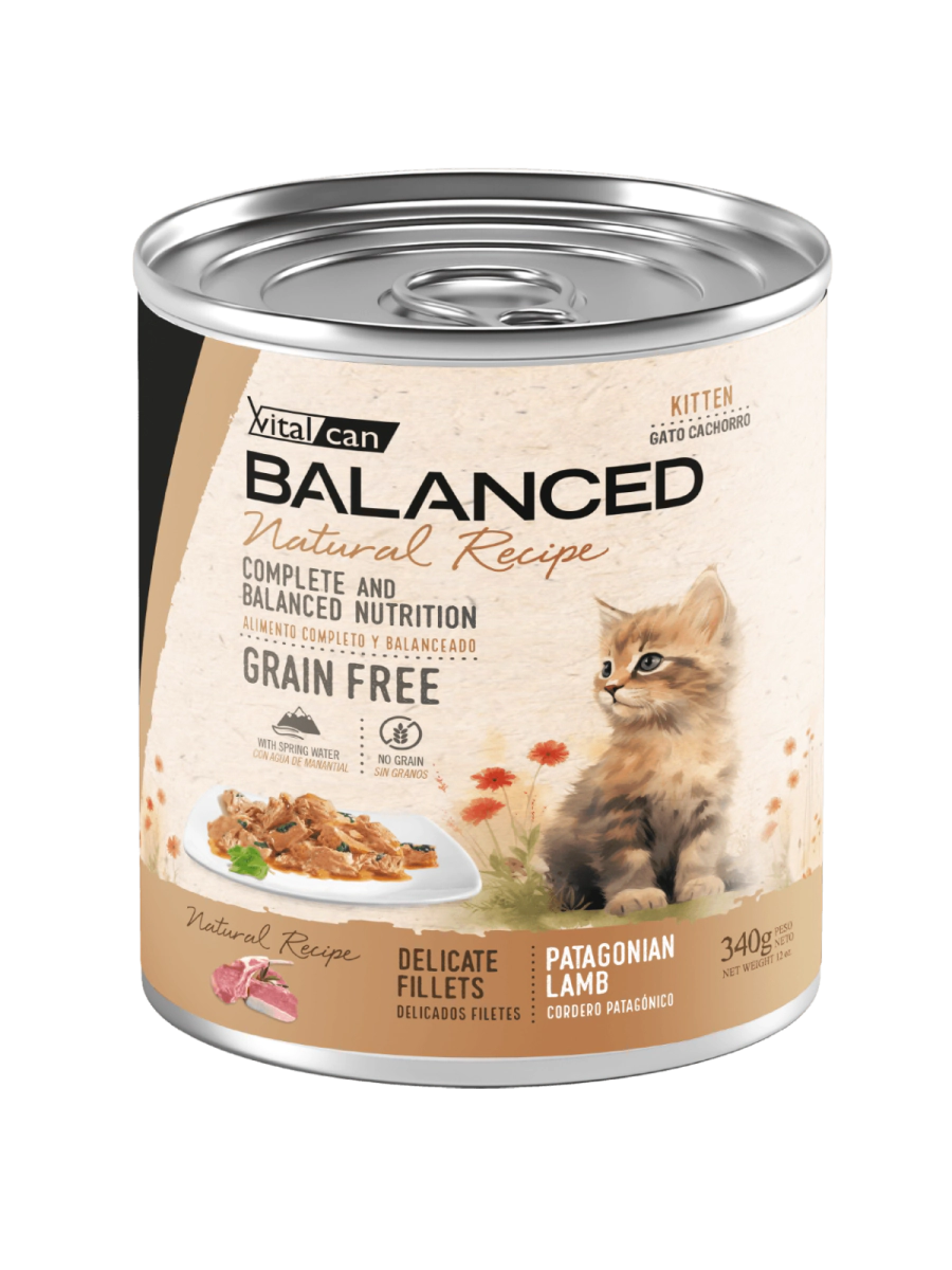 Alimento H�medo Vitalcan Balanced Natural Recipe Gato Cachorro Delicados Filetes de Cordero Lata x 340gr.
