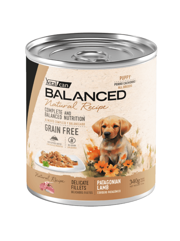 Alimento H�medo Vitalcan Balanced Natural Recipe Perro Cachorro Delicados Filetes de Cordero Lata x 340gr.