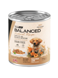 Alimento H&uacute;medo Vitalcan Balanced Natural Recipe Perro Cachorro Delicados Filetes de Cordero Lata x 340gr.