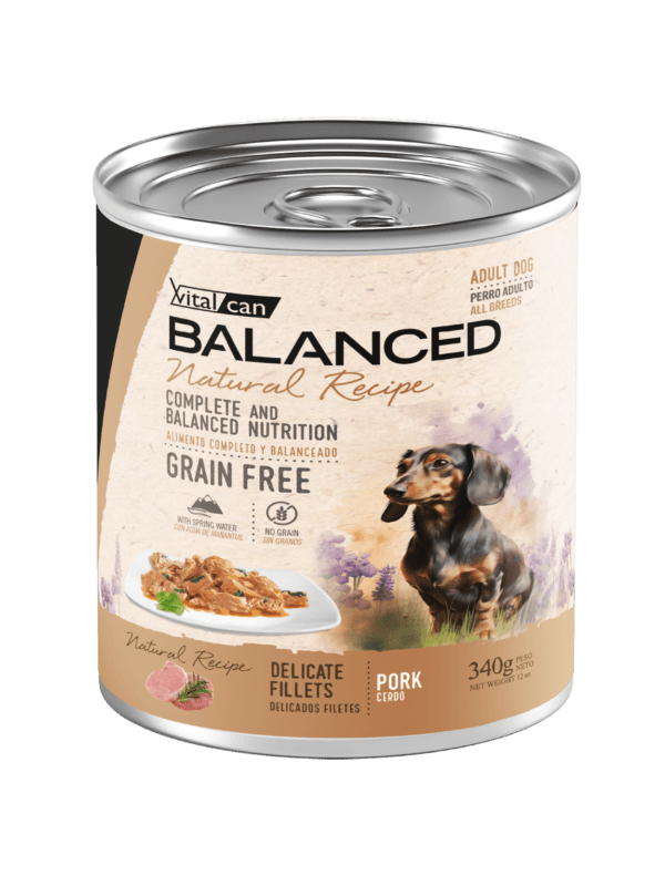 Alimento H�medo Vitalcan Balanced Natural Recipe Perro Adulto Delicados Filetes de Cerdo Lata x 340gr
