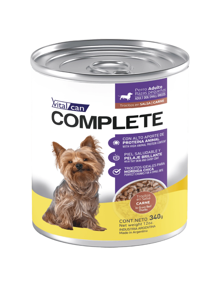 Alimento H�medo Vitalcan Complete Perro Adulto Raza Peque�a Trocitos de Carne en Salsa Lata x 340gr.