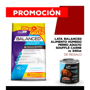 Alimento VitalCan Balanced Perro Adulto Raza Mediana Bonus Bag x 20kg + 2kg  + Balanced Souffl� Perro Adulto Sabor Pollo Lata x 340gr DE REGALO