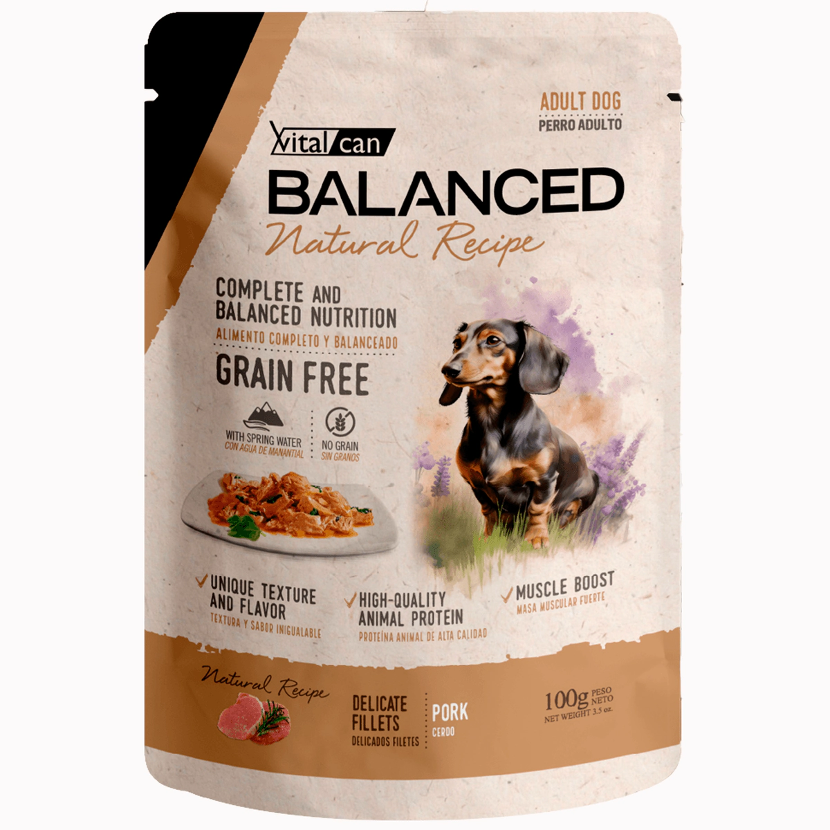 Alimento H�medo Vitalcan Balanced Natural Recipe Perro Adulto Delicados Filetes de Cerdo Pouch x 100gr.