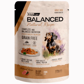 Alimento H&uacute;medo Vitalcan Balanced Natural Recipe Perro Adulto Delicados Filetes de Cerdo Pouch x 100gr.