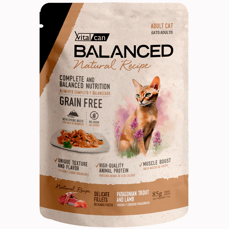Alimento H�medo Vitalcan Balanced Natural Recipe Gato Cachorro Delicados Filetes de Trucha y Cordero Pouch x 85gr.
