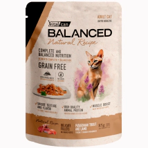 Alimento H&uacute;medo Vitalcan Balanced Natural Recipe Gato Cachorro Delicados Filetes de Trucha y Cordero Pouch x 85gr.