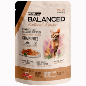 Alimento H&uacute;medo Vitalcan Balanced Natural Recipe Gato Cachorro Delicados Filetes de Trucha y Cordero Pouch x 85gr.