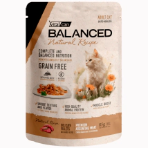 Alimento H&uacute;medo Vitalcan Balanced Natural Recipe Gato Adulto Delicados Filetes de Salm&oacute;n y Cordero Pouch x 85gr.