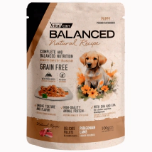 Alimento H&uacute;medo Vitalcan Balanced Natural Recipe Gato Cachorro Delicados Filetes de Cordero Pouch x 85gr.