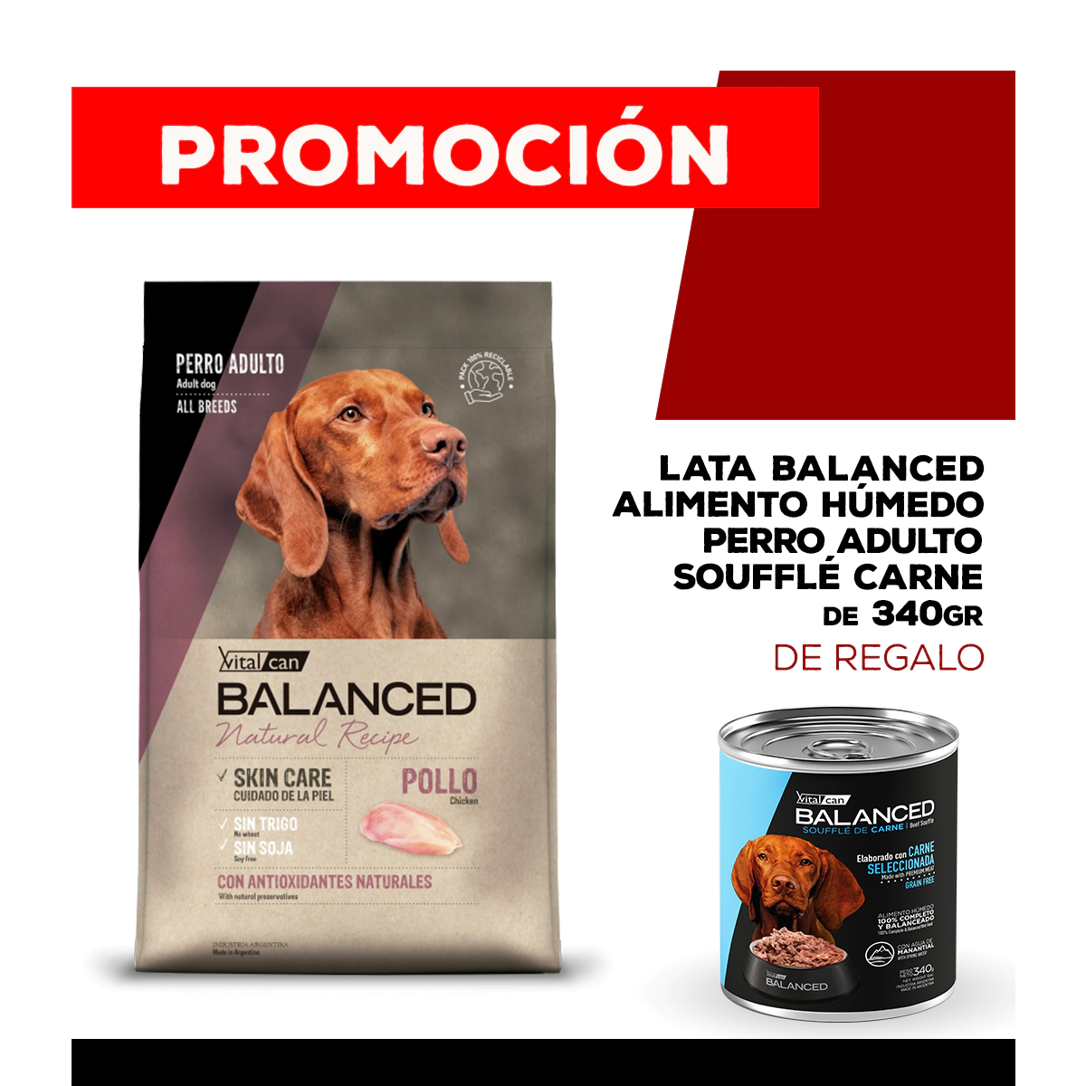 Alimento VitalCan Balanced Natural Recipe Perro Adulto con Cerdo x 15kg + Balanced Souffl� Perro Adulto Sabor Pollo Lata x 340gr DE REGALO
