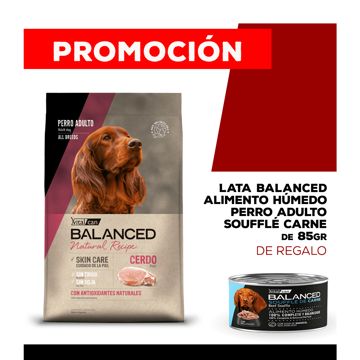 Alimento VitalCan Balanced Natural Recipe Perro Adulto con Cerdo x 15kg + Balanced Souffl� Perro Adulto Sabor Pollo Lata x 340gr DE REGALO