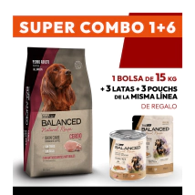 COMBO Alimento VitalCan Balanced Natural Recipe Perro Adulto con Cerdo x 15kg + 3 LATAS + 3 POUCHS DE REGALO
