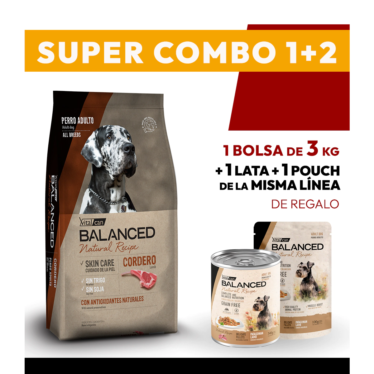 COMBO Alimento VitalCan Balanced Natural Recipe Perro Adulto con Cordero x 3kg + 1 LATA + 1 POUCH DE REGALO