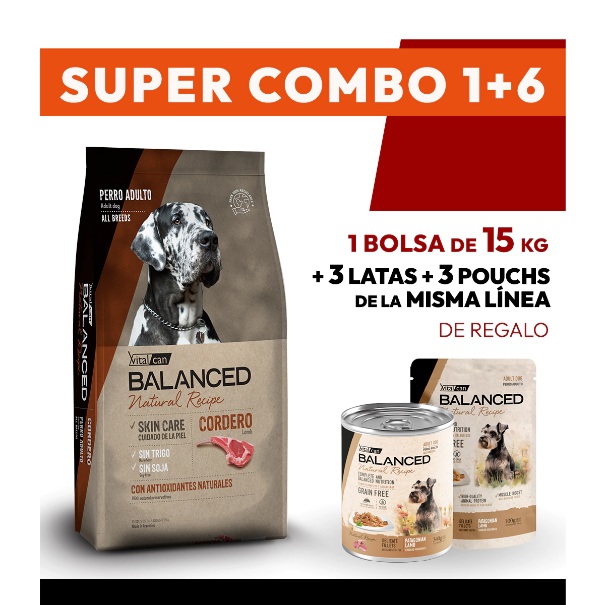 COMBO Alimento VitalCan Balanced Natural Recipe Perro Adulto con Cordero Pat�gonico  x 15kg + 3 LATAS + 3 POUCHS DE REGALO	