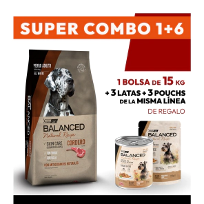 COMBO Alimento VitalCan Balanced Natural Recipe Perro Adulto con Cordero Pat&aacute;gonico  x 15kg + 3 LATAS + 3 POUCHS DE REGALO	