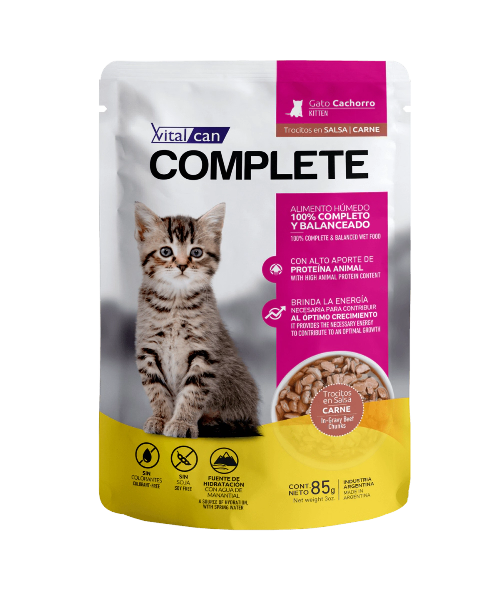 Alimento H�medo Vitalcan Complete Gato Kitten Trocitos de Carne en Salsa Pouch x 85gr.