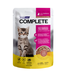 Alimento H&uacute;medo Vitalcan Complete Gato Kitten Trocitos de Carne en Salsa Pouch x 85gr.
