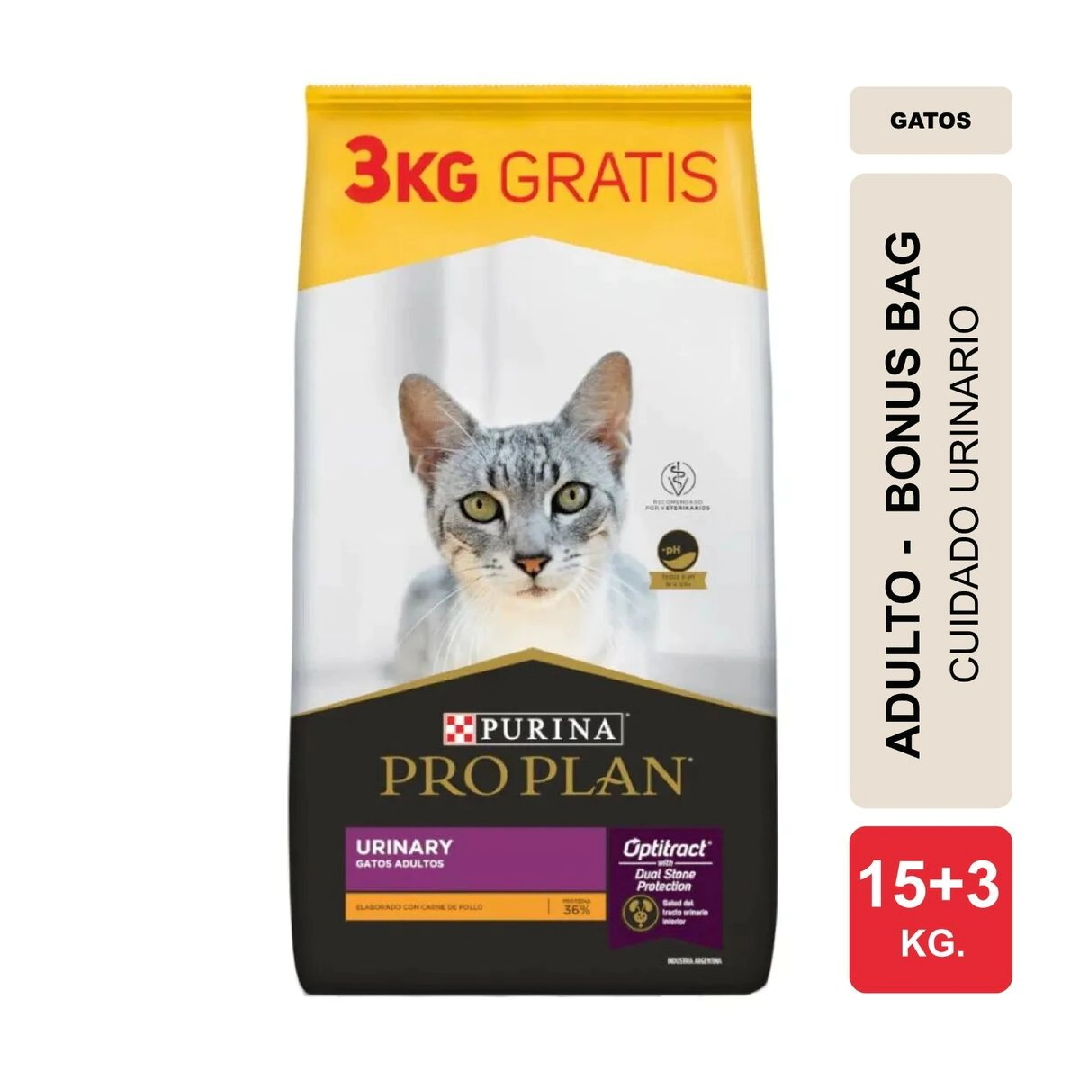 Alimento Purina Pro Plan Gato Adulto Urinary x 15kg + 3kg BONUS BAG