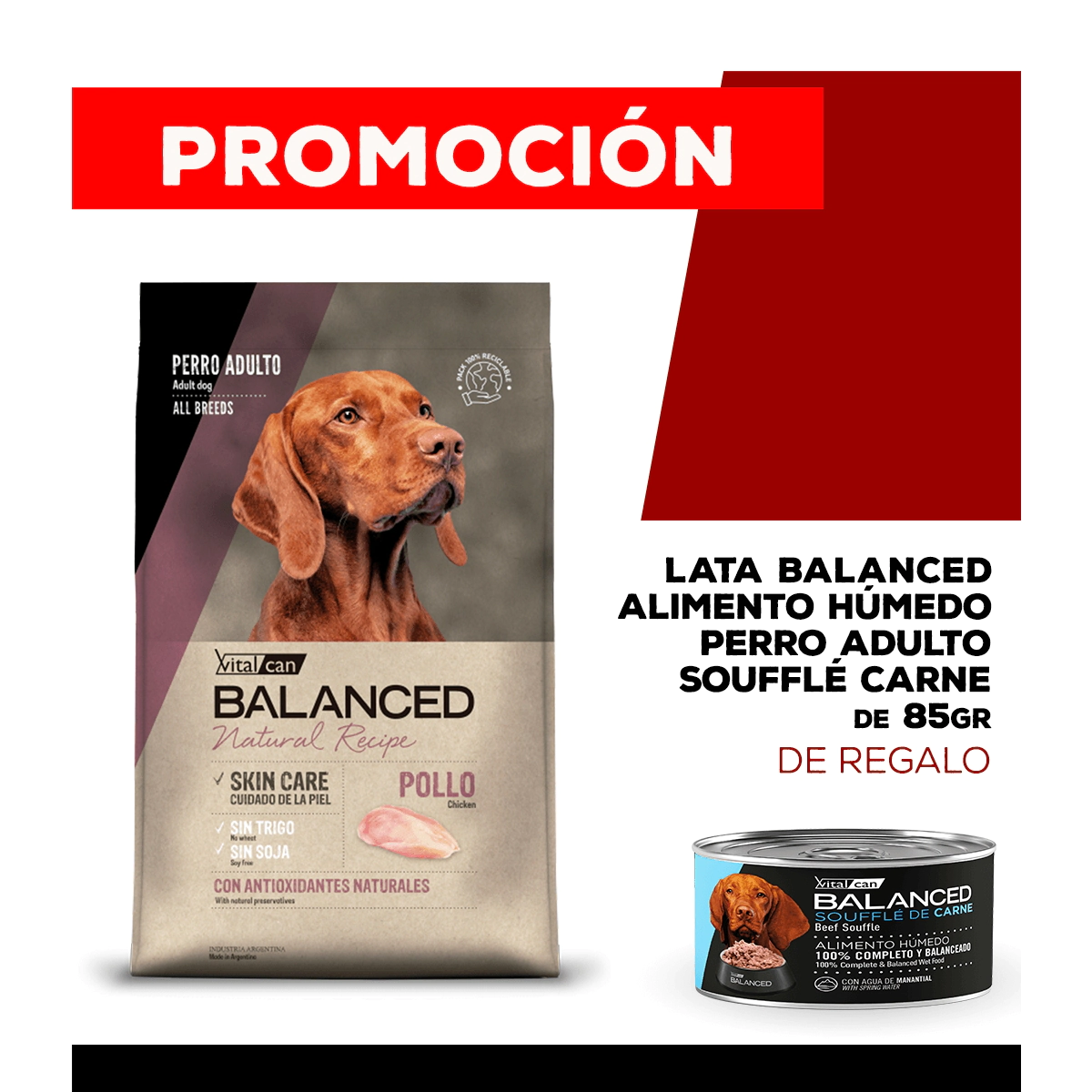 Alimento VitalCan Balanced Natural Recipe Perro Adulto con Pollo x 3kg + Balanced Souffl� Perro Adulto Sabor Carne Lata x 85gr DE REGALO