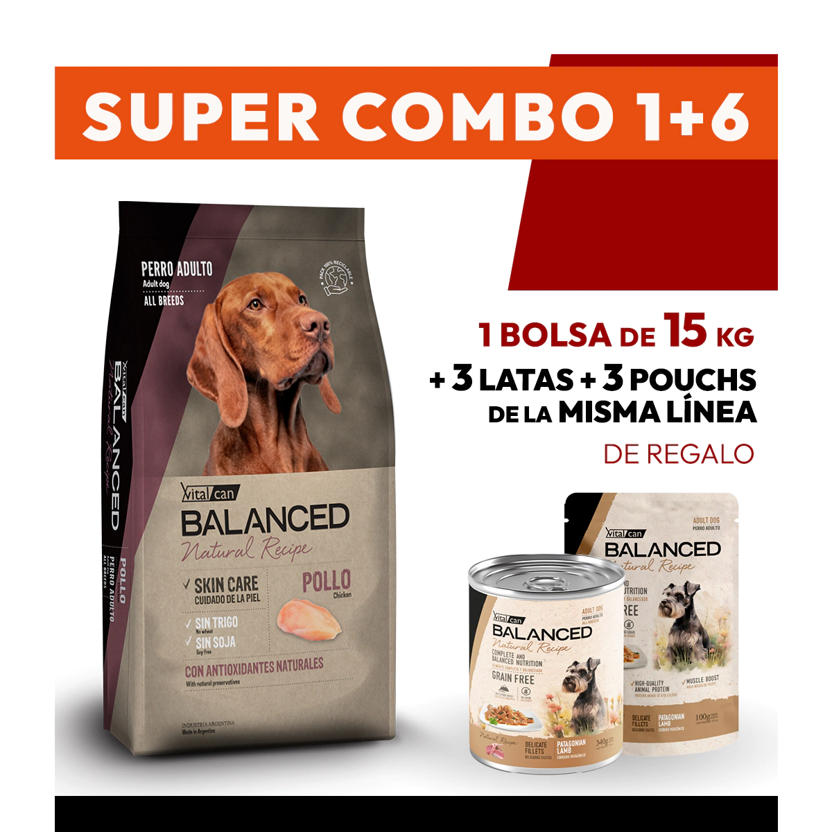COMBO Alimento VitalCan Balanced Natural Recipe Perro Adulto con Pollo x 15kg + 3 LATAS + 3 POUCHS DE REGALO