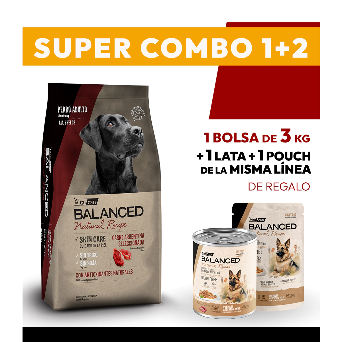 COMBO Alimento VitalCan Balanced Natural Recipe Perro Adulto con Carne Argentina x 3kg + 1 LATA + 1 POUCH DE REGALO
