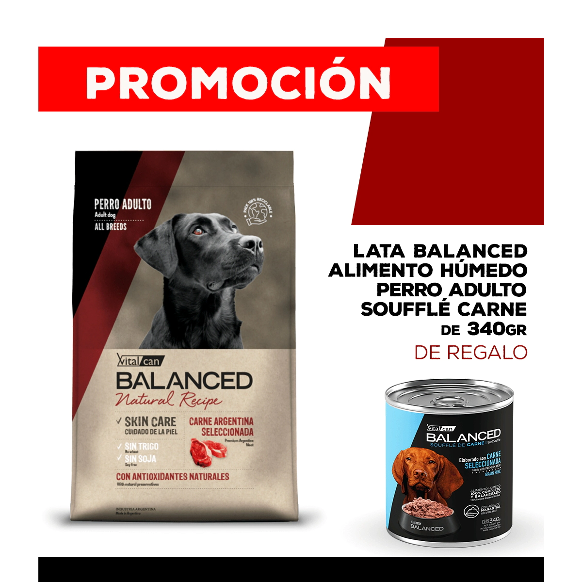 Alimento VitalCan Balanced Natural Recipe Perro Adulto Carne Argentina x 15kg + Balanced Souffl� Perro Adulto Sabor Pollo Lata x 340gr DE REGALO