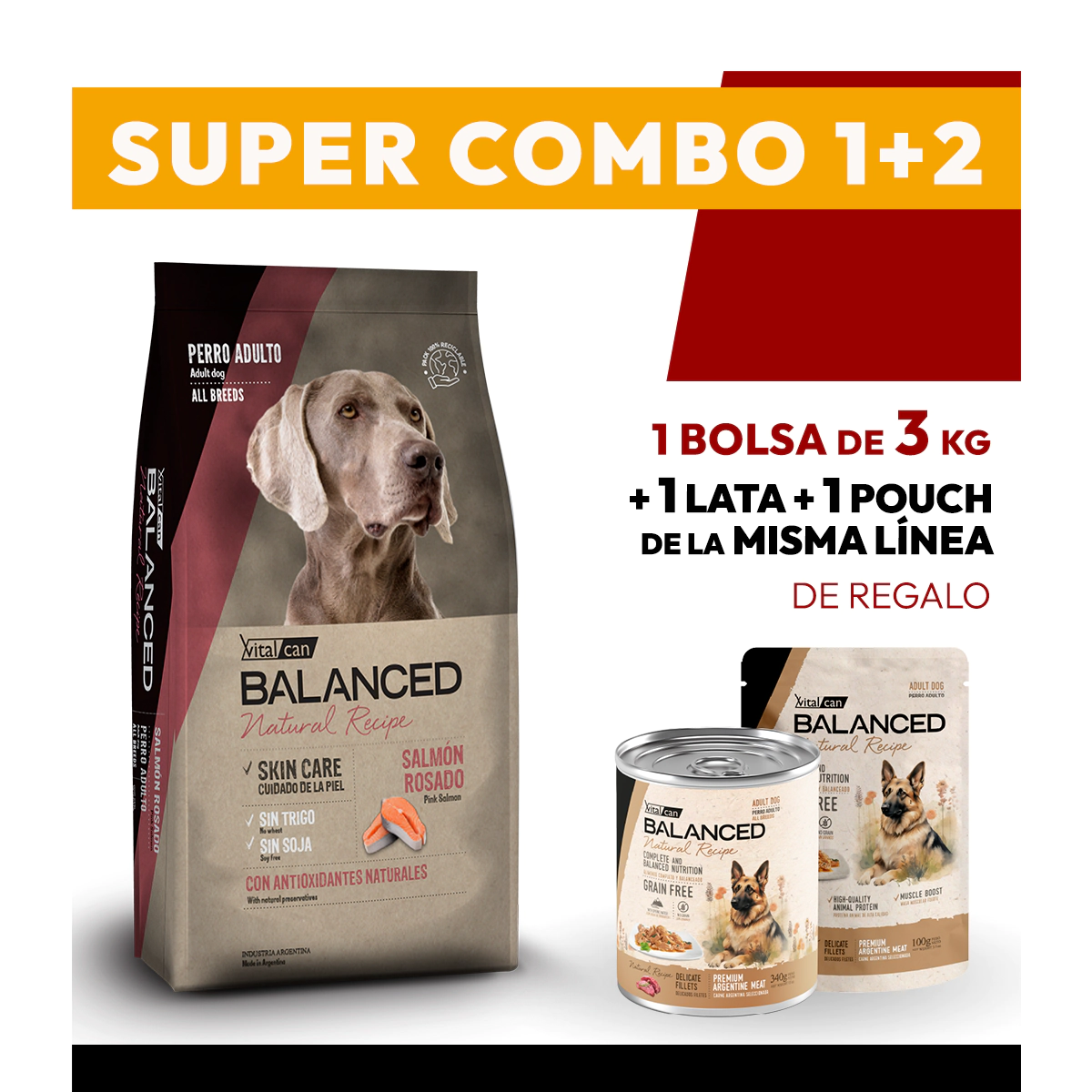 COMBO Alimento VitalCan Balanced Natural Recipe Perro Adulto con Salm�n Rosado x 3kg + 1 LATA + 1 POUCH DE REGALO