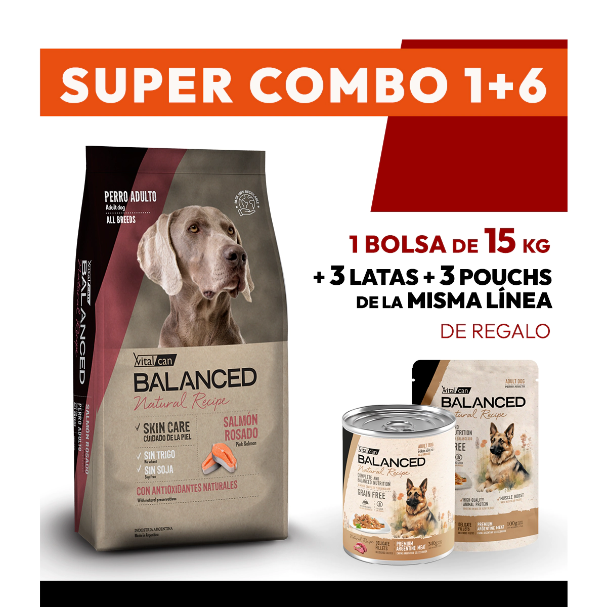 COMBO Alimento VitalCan Balanced Natural Recipe Perro Adulto con Salm�n Rosado x 15kg + 3 LATAS + 3 POUCHS DE REGALO
