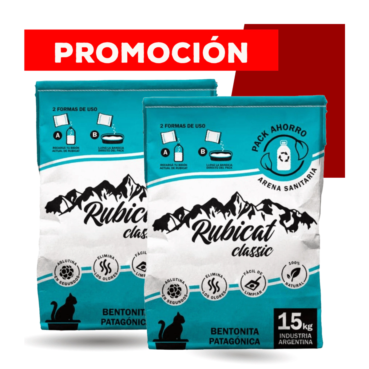 -COMBO- Piedra Arena Aglutinante Sanitaria Rubicat Classic x 30kg. Pack x 2 UNIDADES de 15kg. C/U