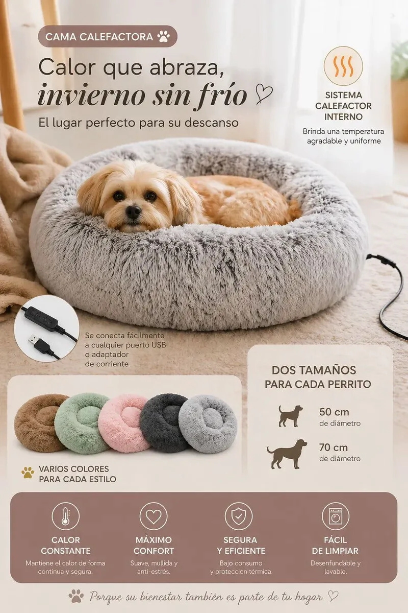 Cama Dona Beepaw con Terciopelo y USB Calefaccionada para Perro Talle S de 50 x 50 cm. COLOR ROSA