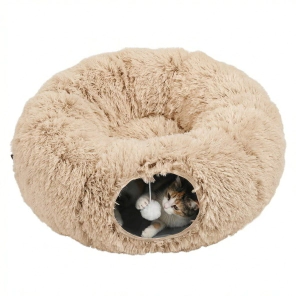 Cucha Tunel para Gato Beepaw con Pelota y Terciopelo medida de 85 cm x 85 cm x 26 cm. COLOR BEIGE