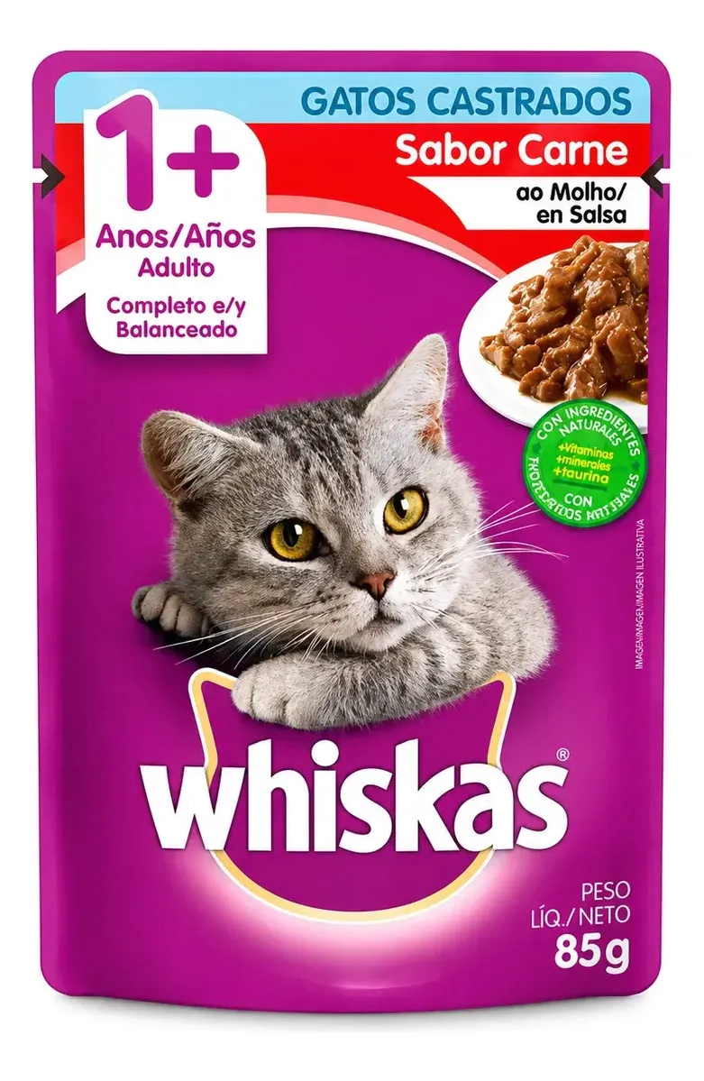 Alimento H�medo Whiskas Gato Castrado sabor Carne Pouch x 85gr