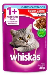 Alimento H&uacute;medo Whiskas Gato Castrado sabor Carne Pouch x 85gr