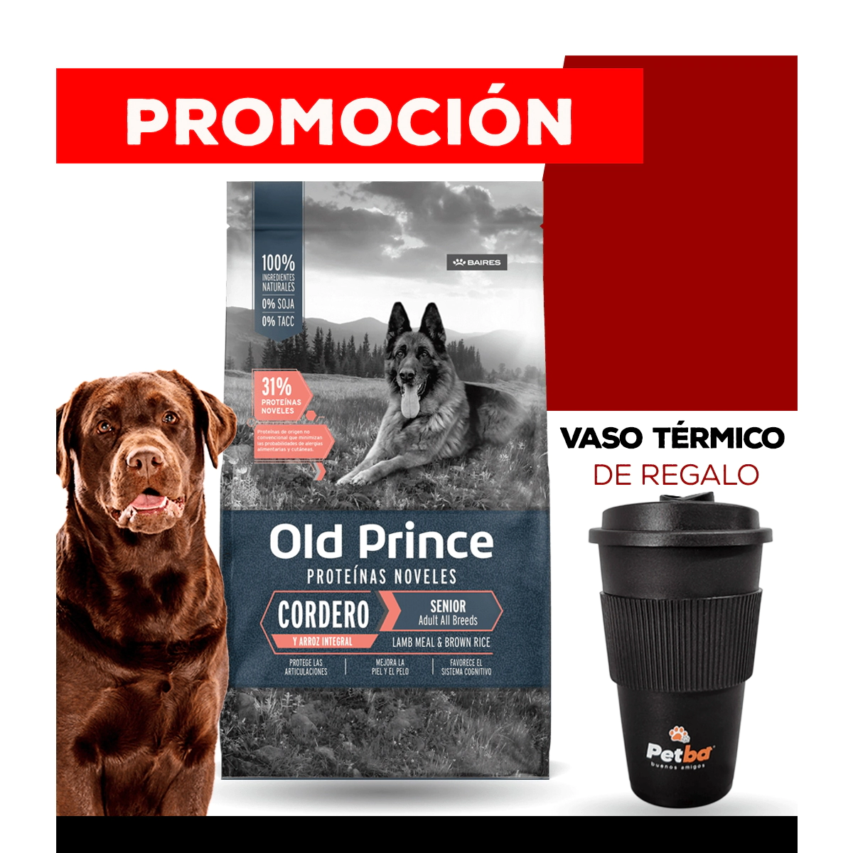 Alimento Old Prince Novel Perro Senior Cordero y Arroz x 3kg + VASO T�RMICO PETBA DE REGALO