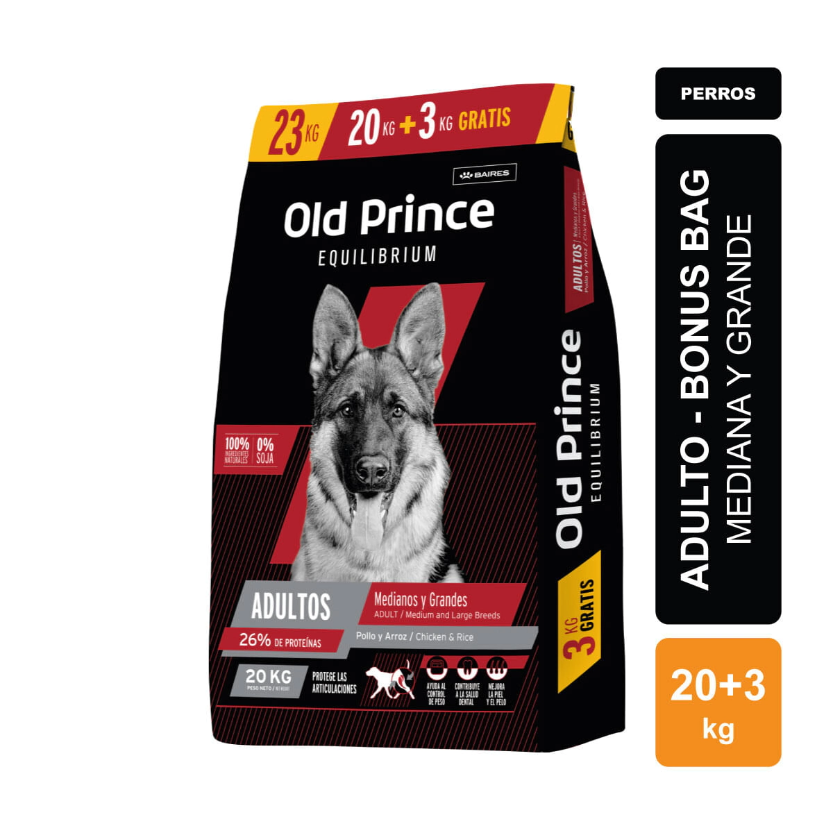 Alimento Baires Old Prince Equilibrium Perro Adulto Raza Mediana y Grande Bonus Bag x 20kg + 3kg
