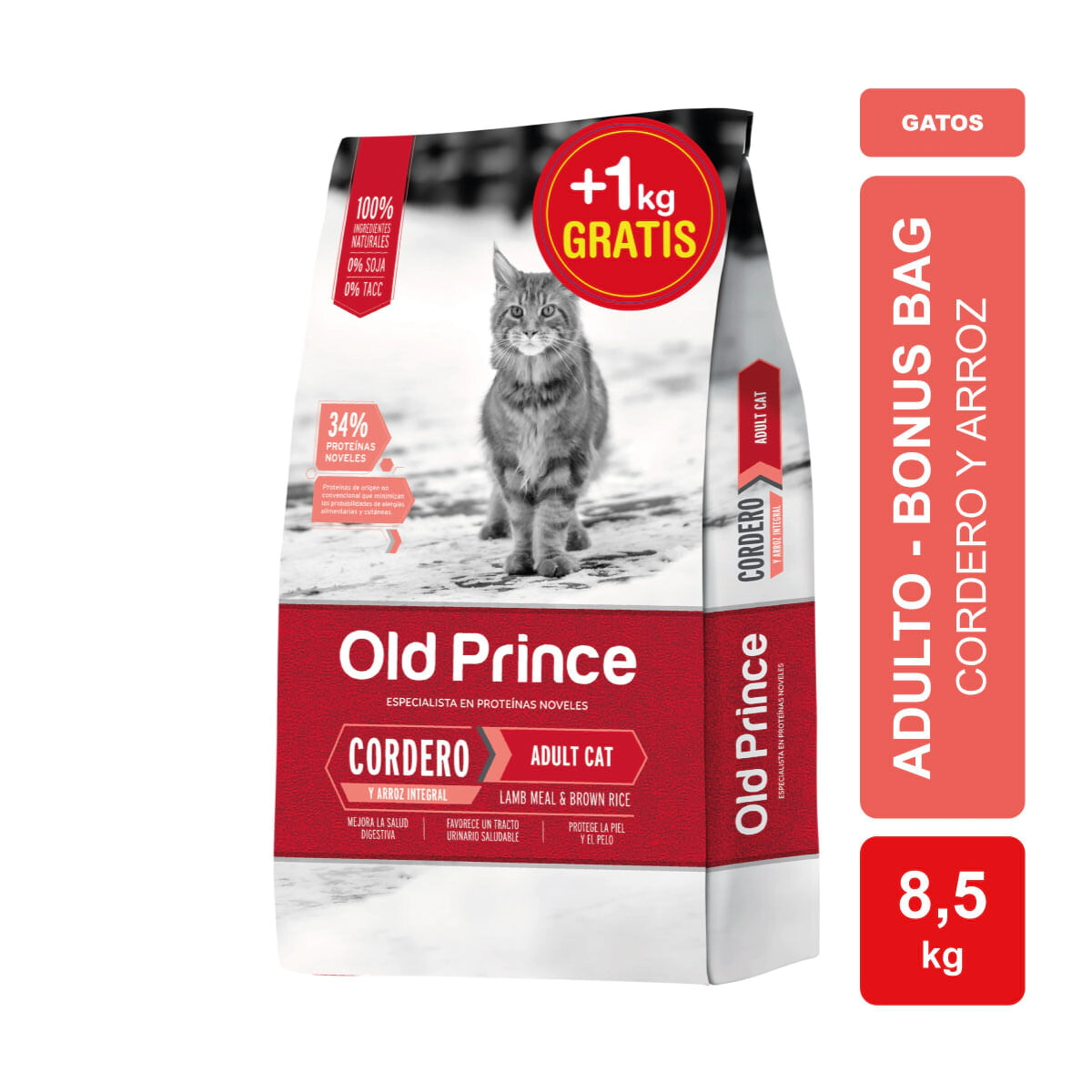 Alimento Baires Old Prince Novel Gato Adulto Sabor Cordero y Arroz Bonus Bag x 7,5kg + 1kg BONUS BAG