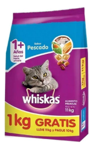 Alimento Whiskas Gato Adulto sabor Pescado x 10 kg +1 Kg BONUS BAG      
