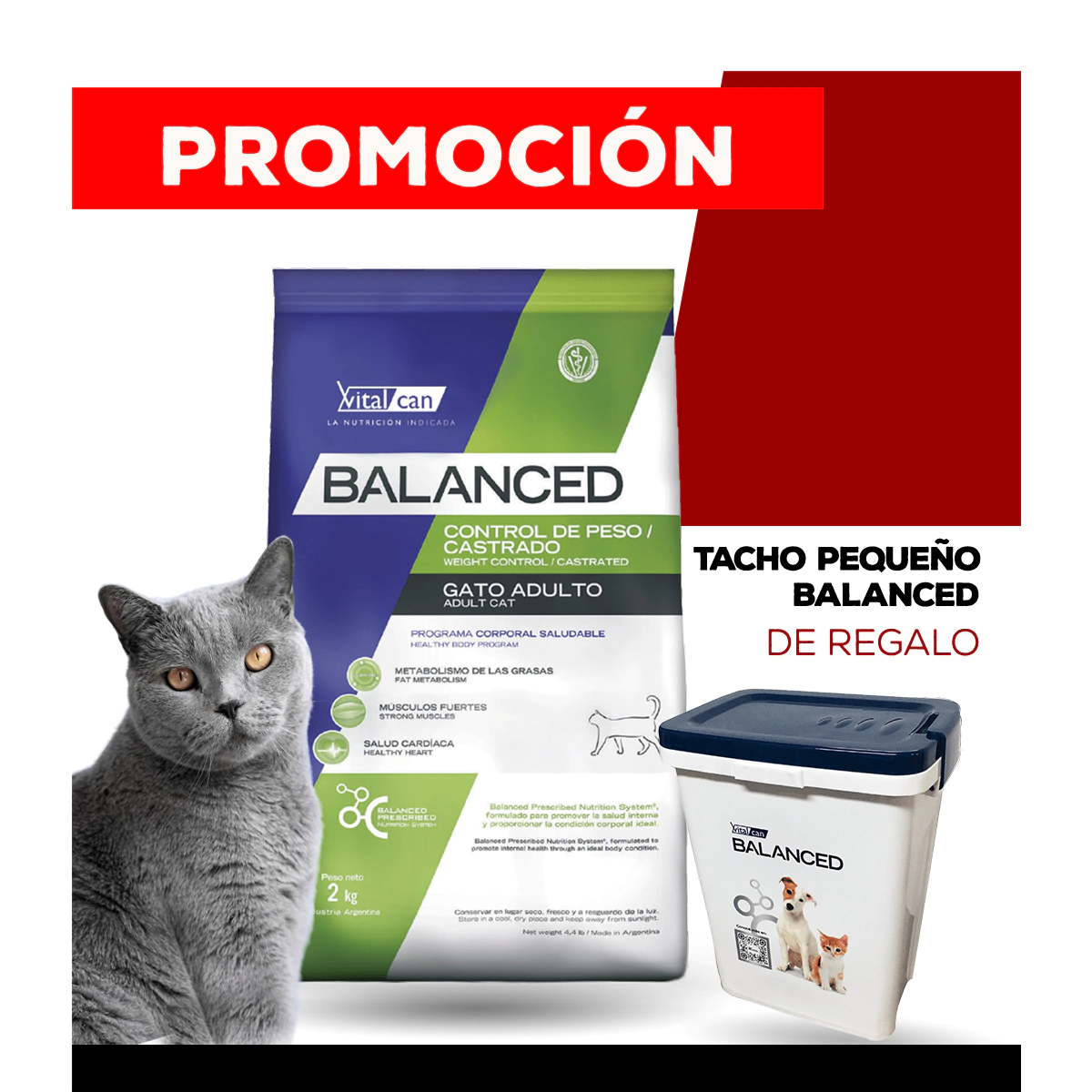 Alimento VitalCan Balanced Gato Control Peso/Castrado x 7,5kg + TACHO CHICO BALANCED DE REGALO