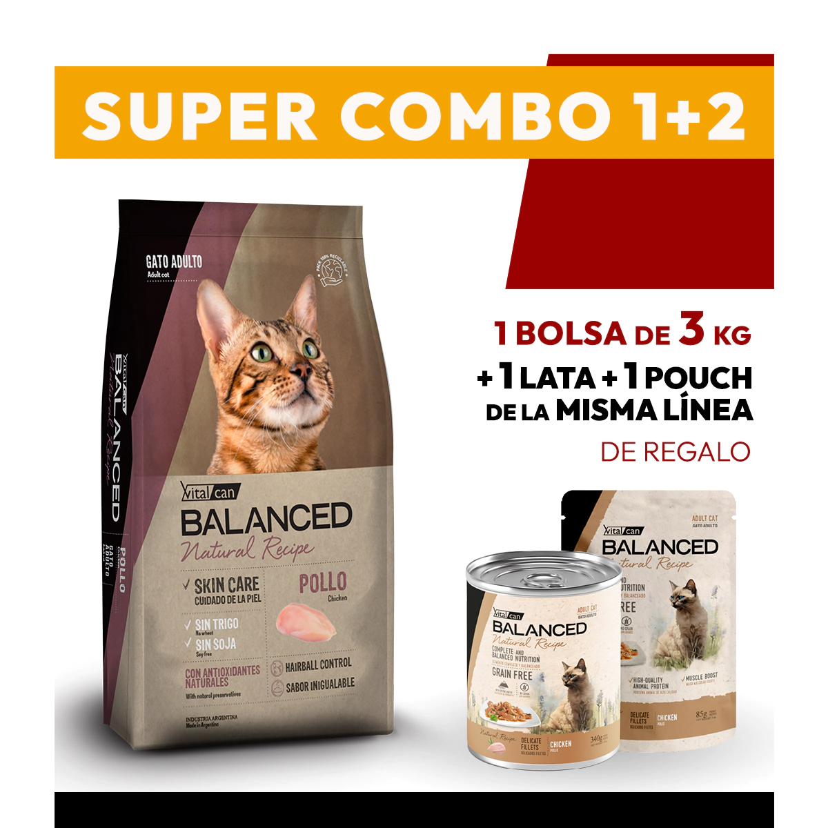 COMBO Alimento VitalCan Balanced Natural Recipe Gato Adulto con Pollo x 3kg + 1 LATA + 1 POUCH DE REGALO	