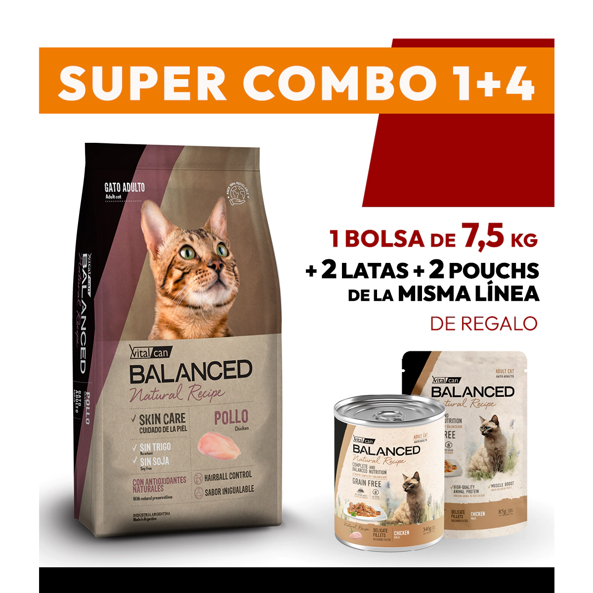 COMBO Alimento VitalCan Balanced Natural Recipe Gato Adulto con Pollo x 7.5kg + 2 LATAS + 2 POUCHS DE REGALO