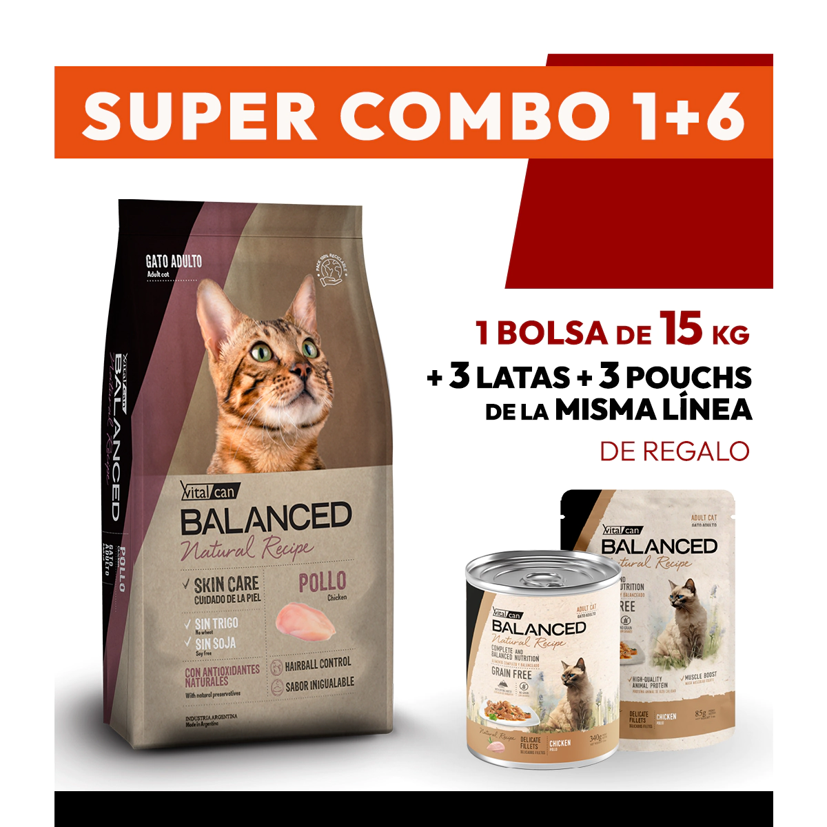 COMBO Alimento VitalCan Balanced Natural Recipe Gato Adulto con Pollo x 15kg + 3 LATAS + 3 POUCHS DE REGALO 