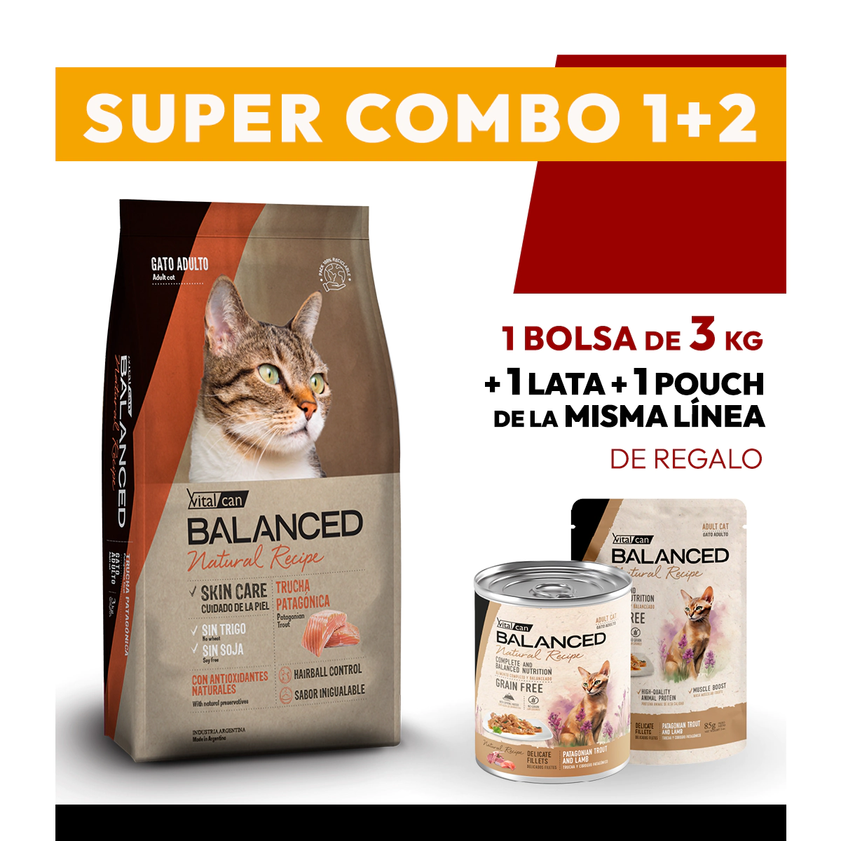 COMBO Alimento VitalCan Balanced Natural Recipe Gato Adulto con Trucha Patag�nica x 3kg + 1 LATAS + 1 POUCHS DE REGALO