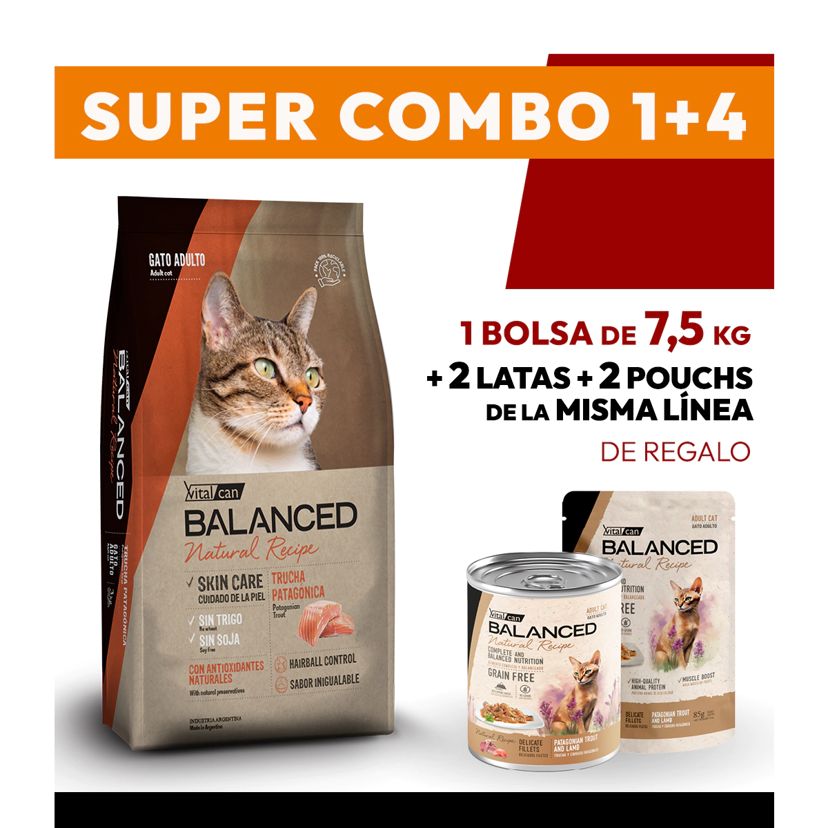COMBO Alimento VitalCan Balanced Natural Recipe Gato Adulto con Trucha Patagonica x 7.5kg + 2 LATAS + 2 POUCHS DE REGALO