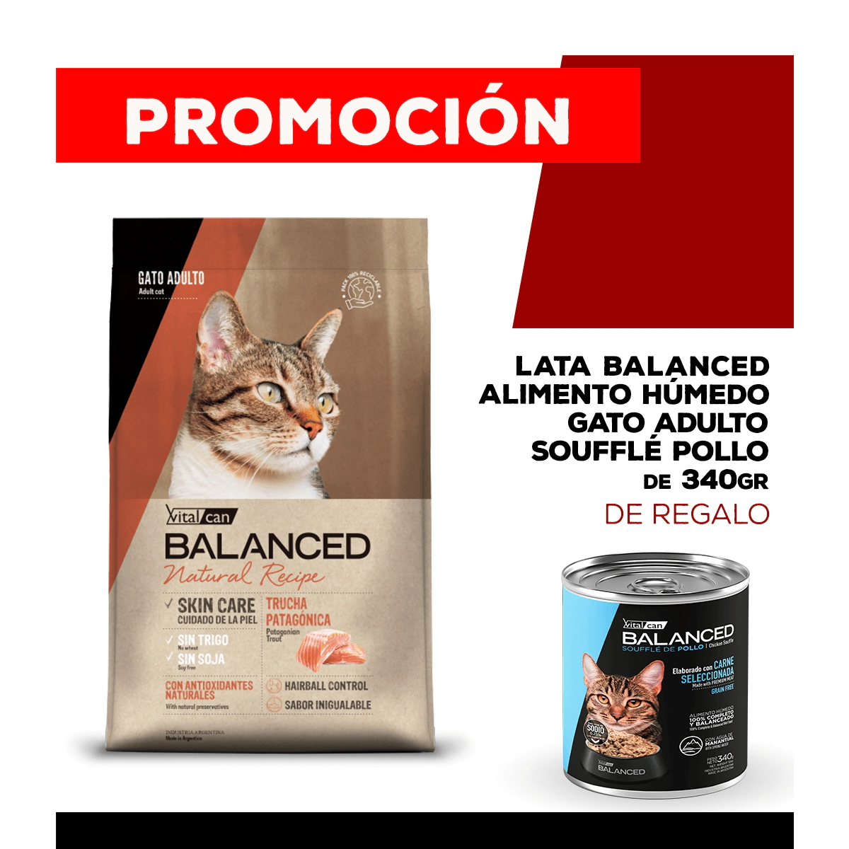 Alimento VitalCan Balanced Natural Recipe Gato Adulto con Trucha Patagonica x 15kg + Balanced Souffl� Gato Adulto Sabor Pollo Lata x 340gr DE REGALO